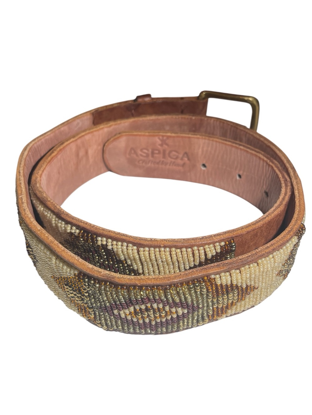 Aspiga Hand Crafted Masaai Kenya Diamond Design Leather Glass Bead Belt Size 34